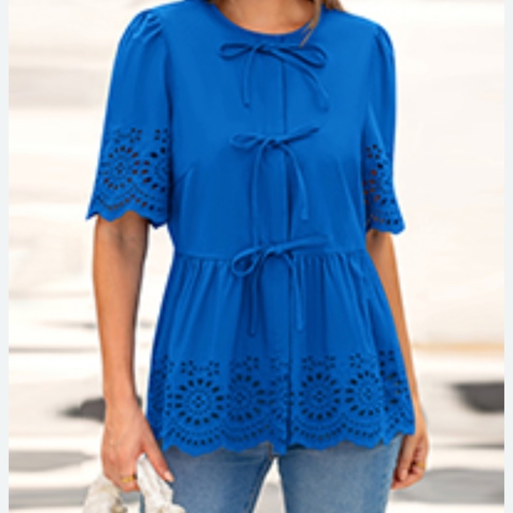 Chic Blue Eyelet Lace Blouse